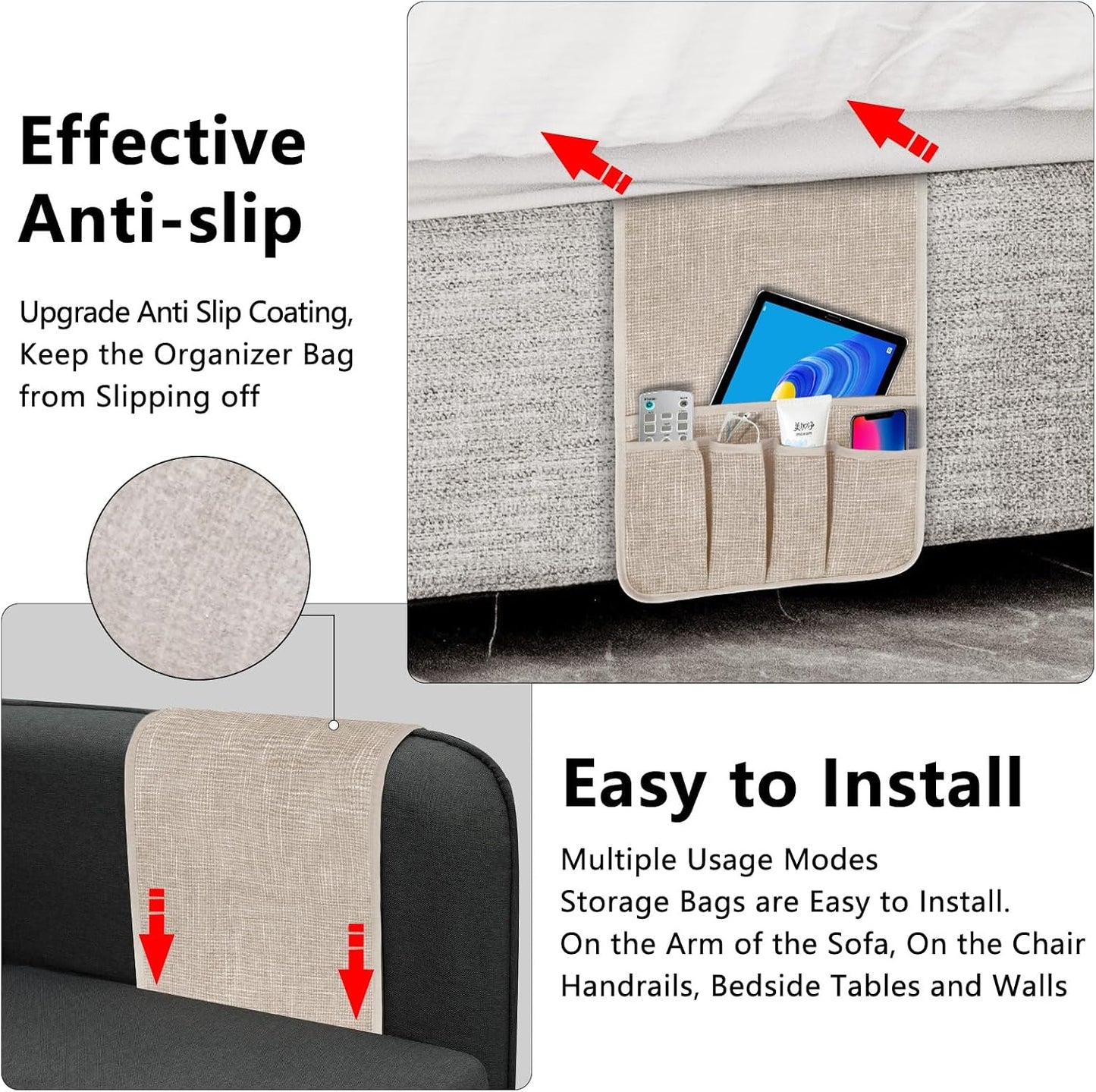 Remote Control Holder, Anti Slip Armchair Caddy Couch Caddy with 5 Pockets | Remote Holder Couch Caddy with 5 Pockets for Storage Accessories Bedside Organizer Senior Gifts (Beige,35''x12.4'')