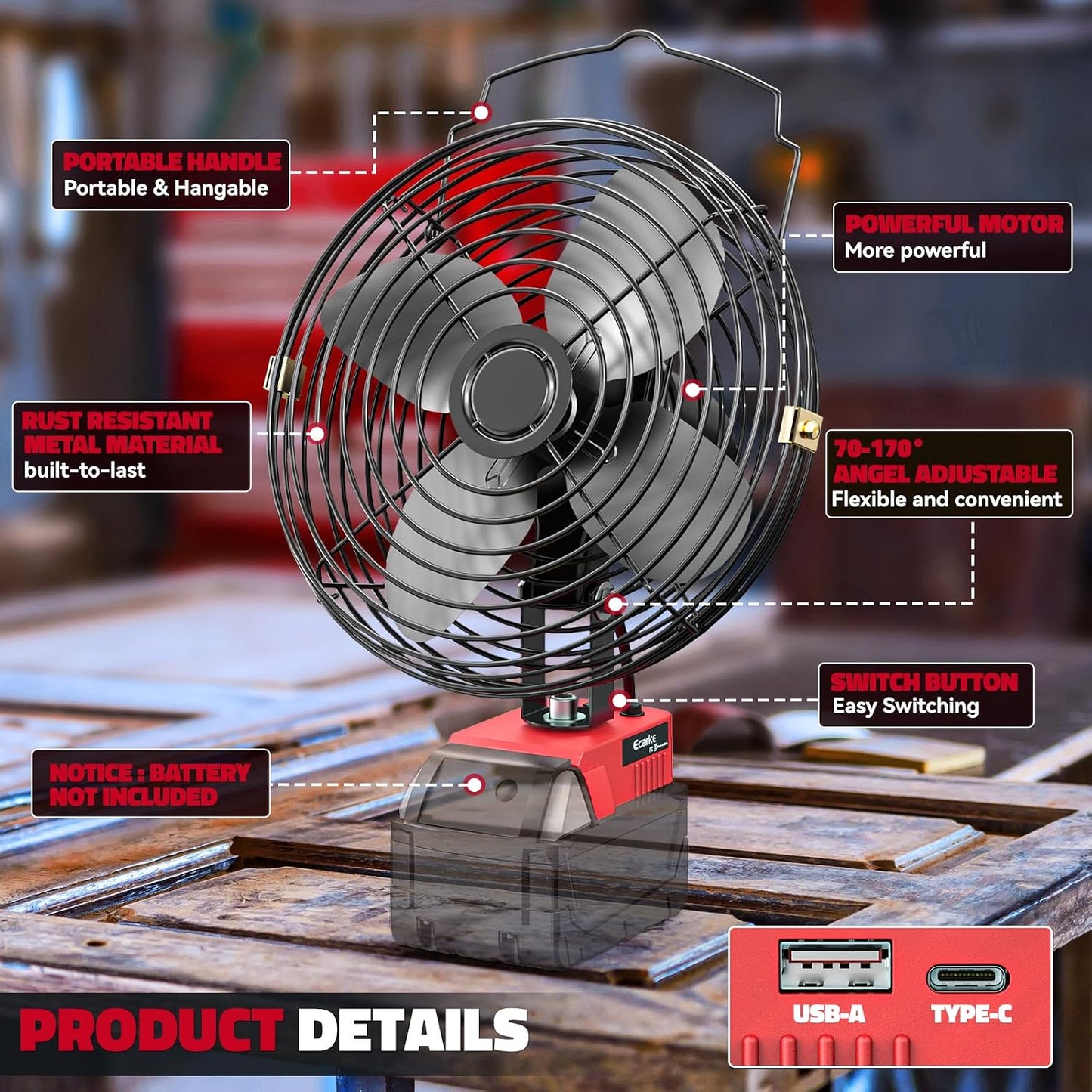 Ecarke 4" Clip Fan Compatible with Milwaukee 18V Battery (Tool Only) 3-Speed Cordless Clip-On Fan with 360° Rotation Low Noise Portable Desk Fan for Camping Jobsite Tent Fishing Outdoor