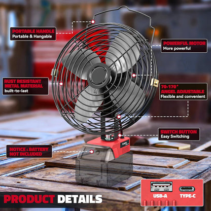 Ecarke 4" Clip Fan Compatible with Milwaukee 18V Battery (Tool Only) 3-Speed Cordless Clip-On Fan with 360° Rotation Low Noise Portable Desk Fan for Camping Jobsite Tent Fishing Outdoor
