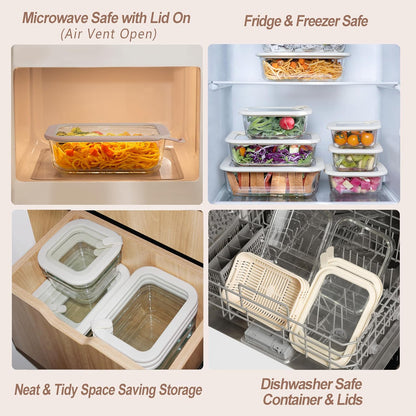 Glass Food Storage Containers with Glass Lids, Microwave Safe Food Container Set, Aitight Meal Prep Container Set, BPA Free, 2 extra Colanders, LeakProof, 2 Pack of 60oz