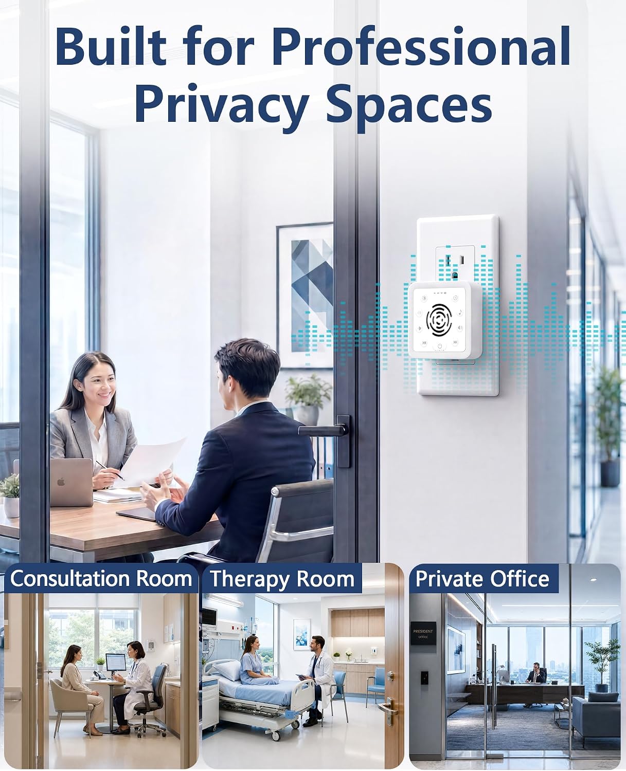 Office Privacy White Noise Machine: 90dB 30 Adjustable Volume Wall Plug-in | Sound Machine with 30 Non Looping Sounds, Reduces 95% Speech Clarity Outside Door for Private Office