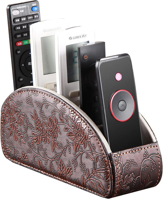 PU Leather Remote Control Holder with 5 Compartments - Storage Tray & Desktop Organizer for TV Remotes,Glasses,Pens,Accessories - Space-Saving Design for Bedside Table & Office Desk (Black)