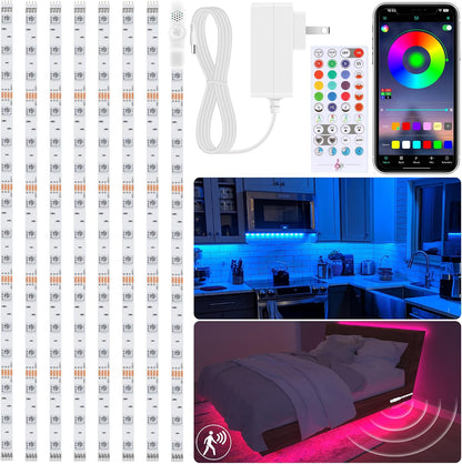 maylit 8 PCS Motion Sensor RGB Under Cabinet Lights Kit, App and Remote Control Led Strip Lights, Music Sync Color Changing Led Lights with Power Adapter, for Cabinet, Counter, Shelf, Bookcase, 13ft | App and Remote Control Led Strip Lights, Music Sync