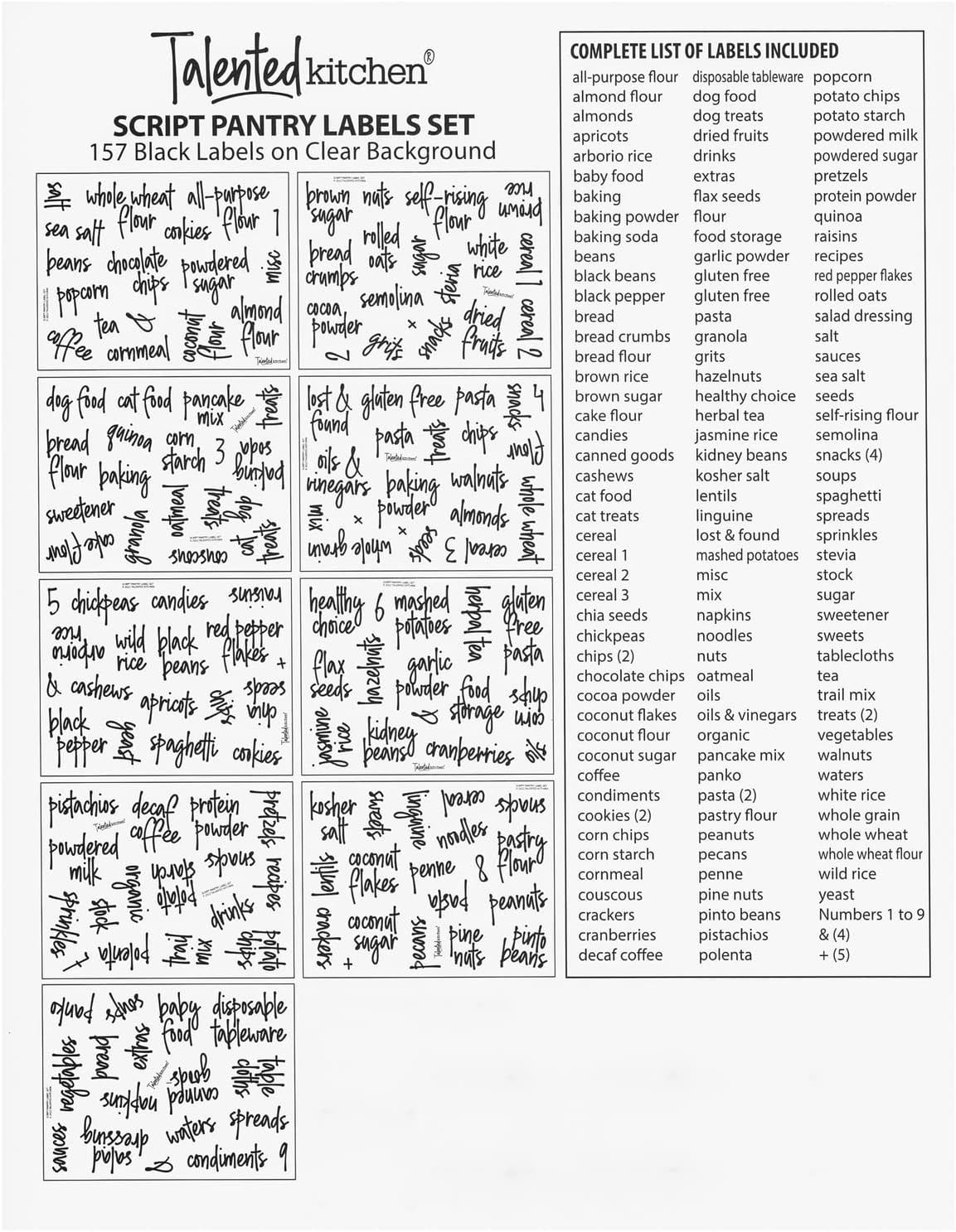 Talented Kitchen Pantry Labels for Food Containers - 157-Piece, Black Script Vinyl - Jar & Bin Labels & Food Storage Organization Stickers