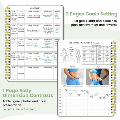 Fitness & Food Journal for Women, Undated 150-day Workout & Wellness Planner with Measuring Tape, Pink Weight Loss Journal for Setting Goals Tracking Exercise Training Diet Progress (9.5’’*7’’)