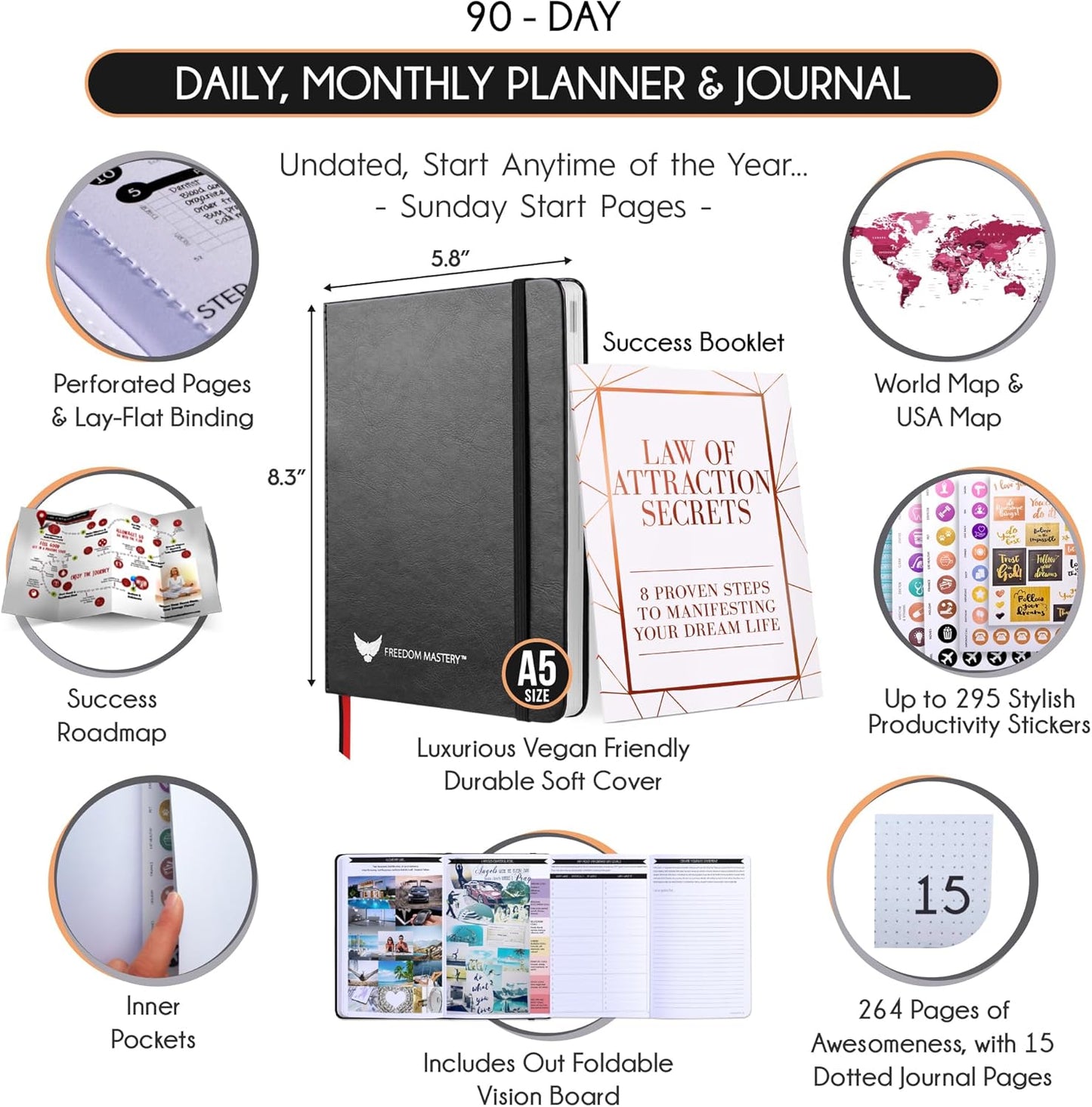Freedom Mastery Daily Journal of Gratitude, Productivity & Habit Tracker | Undated 90-Day Planner with Daily Reflection, Mindfulness, Positivity, Vision Board & Stickers, Gratitude Journal for Women