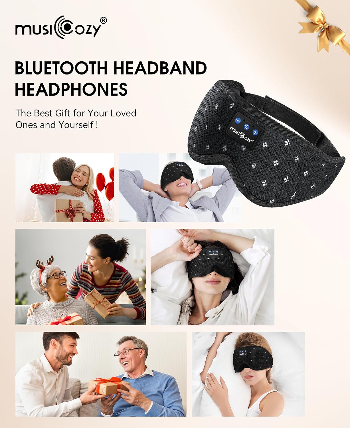 MUSICOZY Breathable Bluetooth Sleep Mask Headphones for Sleeping | Mesh Sleep Mask With Bluetooth 5.4 Audio, Soft Fabric And Comfortable Fit for Side Sleepers, Travel, Meditation and Rest