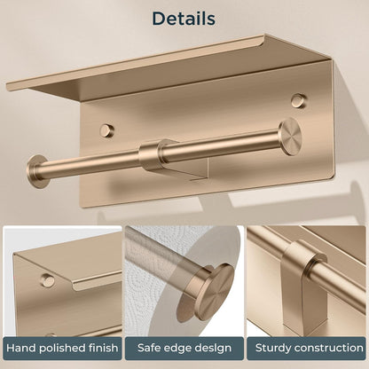 FORIOUS Toilet Paper Holder with Shelf, Commercial Toilet Paper Dispensers | Brushed Nickel | Wall Mount Bathroom Tissue Holder | SUS304 Stainless Steel Rustproof | Double Tissue Roll Holder