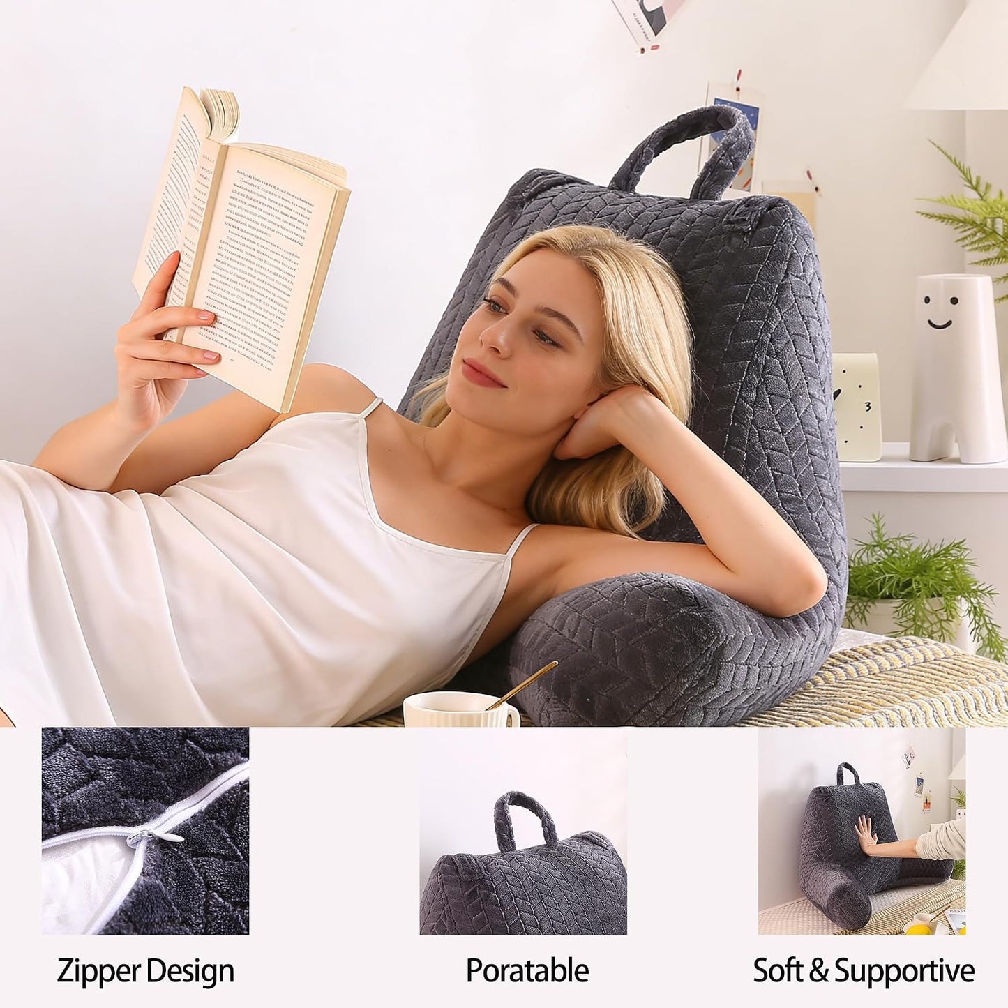 Black Bed Reading Pillow for Adults, Memory Foam Backrest Pillow with Armrests for Sitting Up in Bed, Back & Arm Support, Removable Washable Pillowcase for Sofa Seats