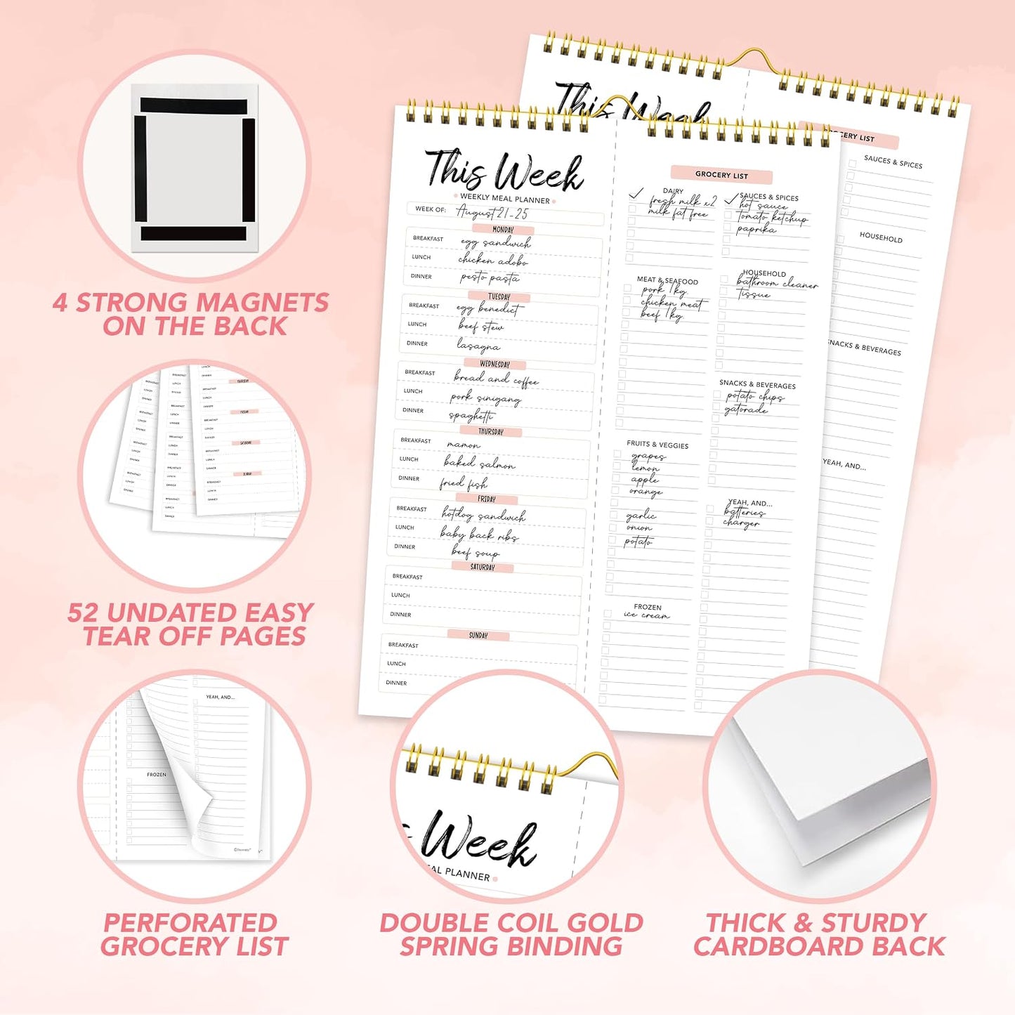 Decorably 52 Sheets Pastel Rainbow Undated Magnetic Weekly Meal Planner | 8.5x11in Grocery List Notepad Meal Planner with 4 Strong Magnets - Spring-Bound, Refrigerator Mountable, Easy Tear-Off Design