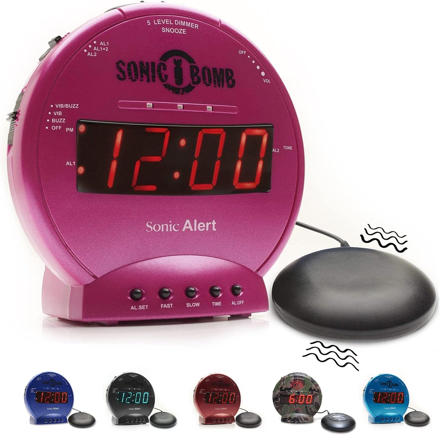 Sonic Alert Sonic Bomb Dual Alarm Clock with Bed Shaker, Black Vibrating Alarm Clock Heavy Sleepers, Battery Backup | Wake with a Shake