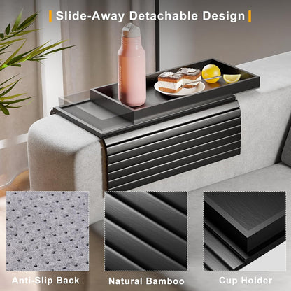 Bestjing Bamboo Sofa Armrest Tray - Couch Arm Tray with Detachable Couch Cup Holder - 2 in 1 Anti-Slip Foldable Sofa Armchair Caddy Table for Drinks Cellphone TV Remote Snacks