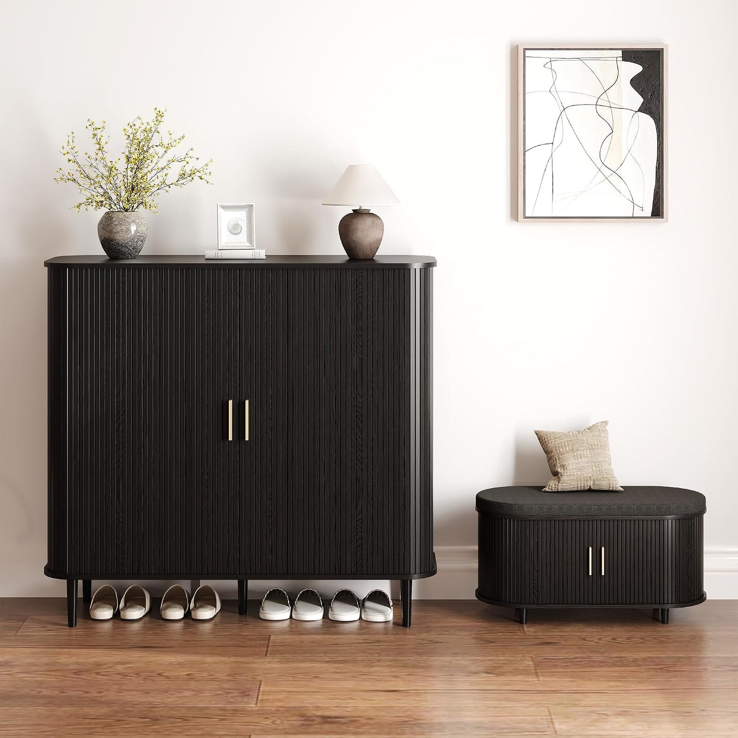 DHH Shoe Storage Cabinet with Sliding Door, 6-Tier Shoe Cabinet with Adjustable Shelves, Modern Freestanding Shoe Storage Organizer for Entryway, Hallway, Living Room (Walnut, 47 ")