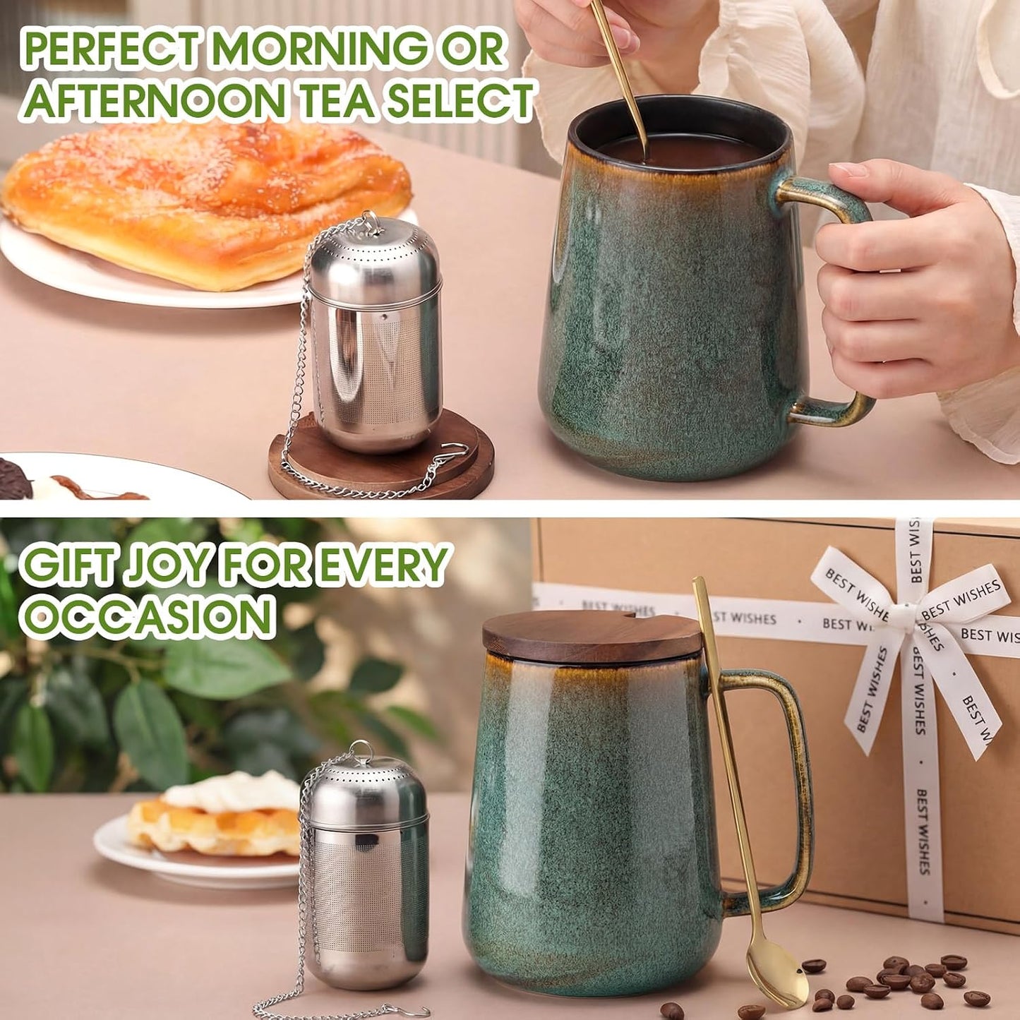 Zhehao 24oz Large Ceramic Tea Mug with Loose Leaf Infuser, Gift for Men Women, Coffee Cup with Lid & Spoon for Tea Lovers, Microwave & Dishwasher Safe, Present for Thanksgiving Christmas(Green)