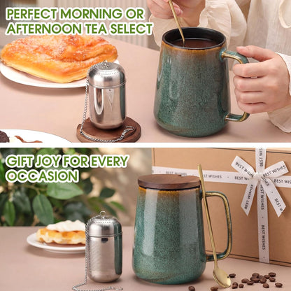 Zhehao 24oz Large Ceramic Tea Mug with Loose Leaf Infuser, Gift for Men Women, Coffee Cup with Lid & Spoon for Tea Lovers, Microwave & Dishwasher Safe, Present for Thanksgiving Christmas(Green)