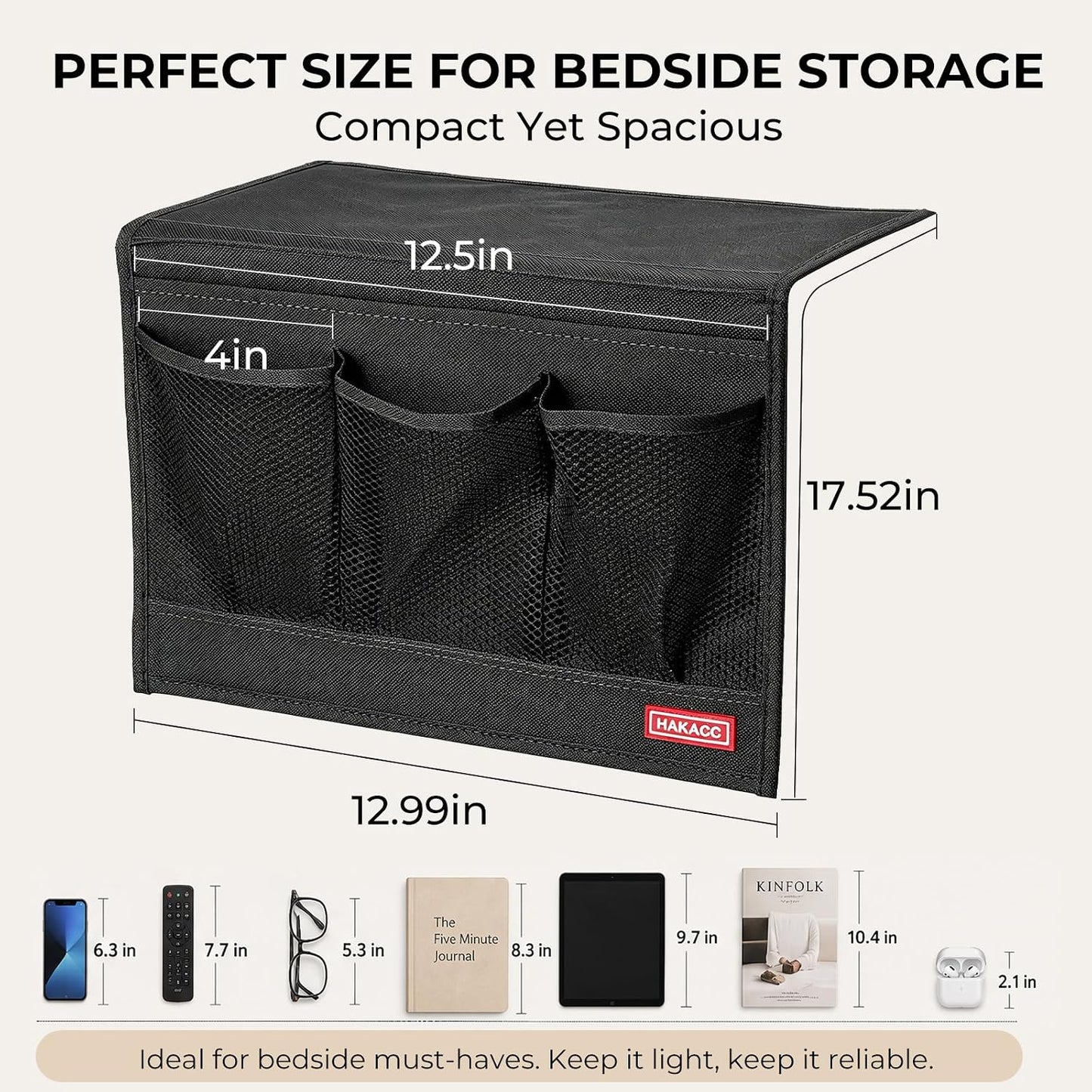 HAKACC Bedside Caddy, Remote Holder for Bed, Storage Organizer, Black | Pockets for Bed, Sofa, Phones, Magazines, Tablets and Accessories