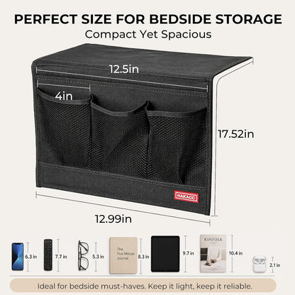 HAKACC Bedside Caddy, Remote Holder for Bed, Storage Organizer, Black | Pockets for Bed, Sofa, Phones, Magazines, Tablets and Accessories