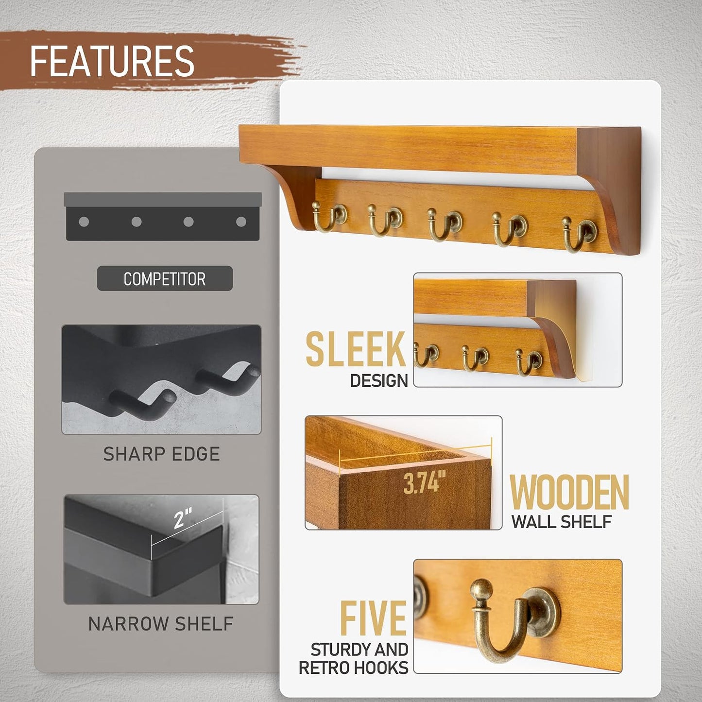 Rebee Vision Key Holder Wall Mount with 5 Hooks for Entryway, Retro Brown | Display Shelf for Plant & Letters, Key Shelf for Hats, Dog Leashes, Mail Organizer, Decorative Entryway & Living Room