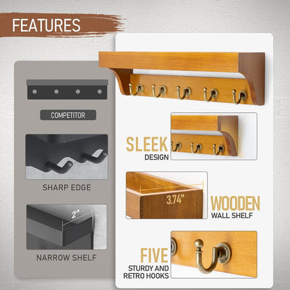 Rebee Vision Key Holder Wall Mount with 5 Hooks for Entryway, Retro Brown | Display Shelf for Plant & Letters, Key Shelf for Hats, Dog Leashes, Mail Organizer, Decorative Entryway & Living Room