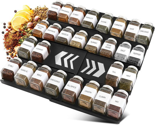 ALCOVA Spice Drawer Organizer Expandable 9-18" Black (Jars Not Included) | Black 4-tier expandable spice drawer organizer 9-18". Holds 16-32 4oz jars. Tool-free custom kitchen cabinet storage