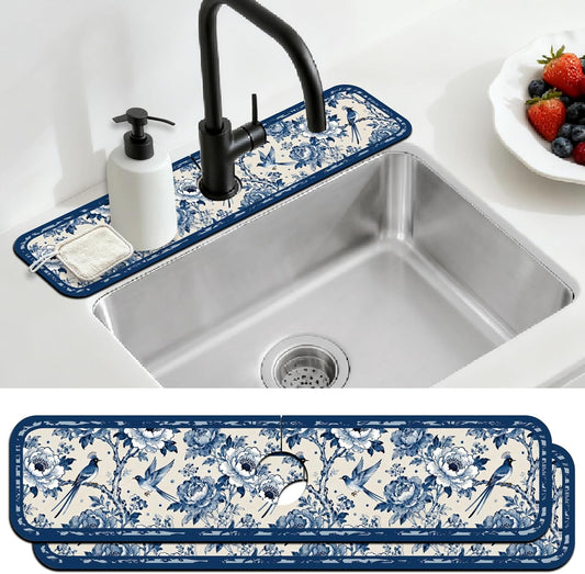 2 Pcs Kitchen Sink Splash Guard Faucet Mat Vintage Porcelain Flowers and Birds Pattern Faucet Mat for Sinks Absorbing Drying Mat for Kitchen Bathroom, 23.6x5.5inch