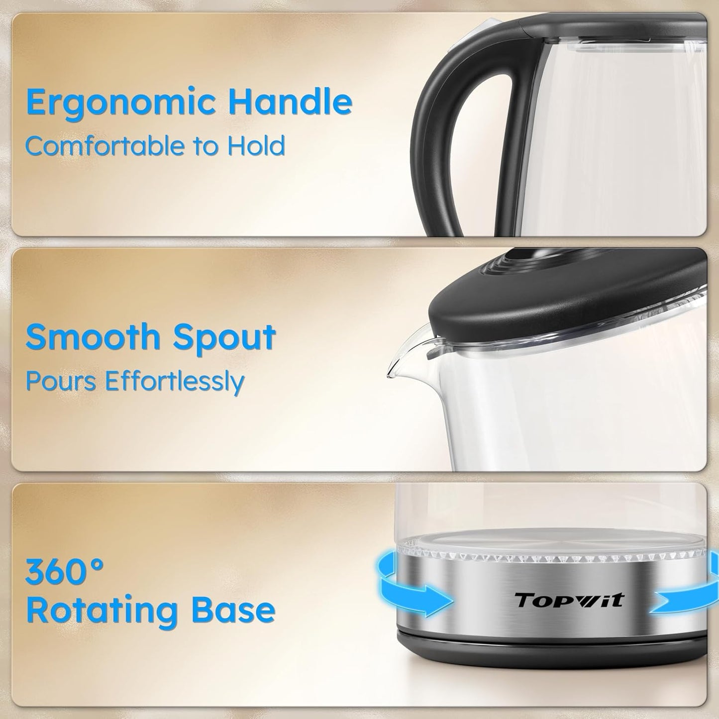 TOPWIT 2.0L Glass Electric Kettle, Hot Water Boiler, BPA-Free | Stainless Steel Bottom & Lid, Fast Boil, Auto Shut-Off & Boil-Dry Protection, No Plastic Odor | for Tea, Coffee, Home, Office