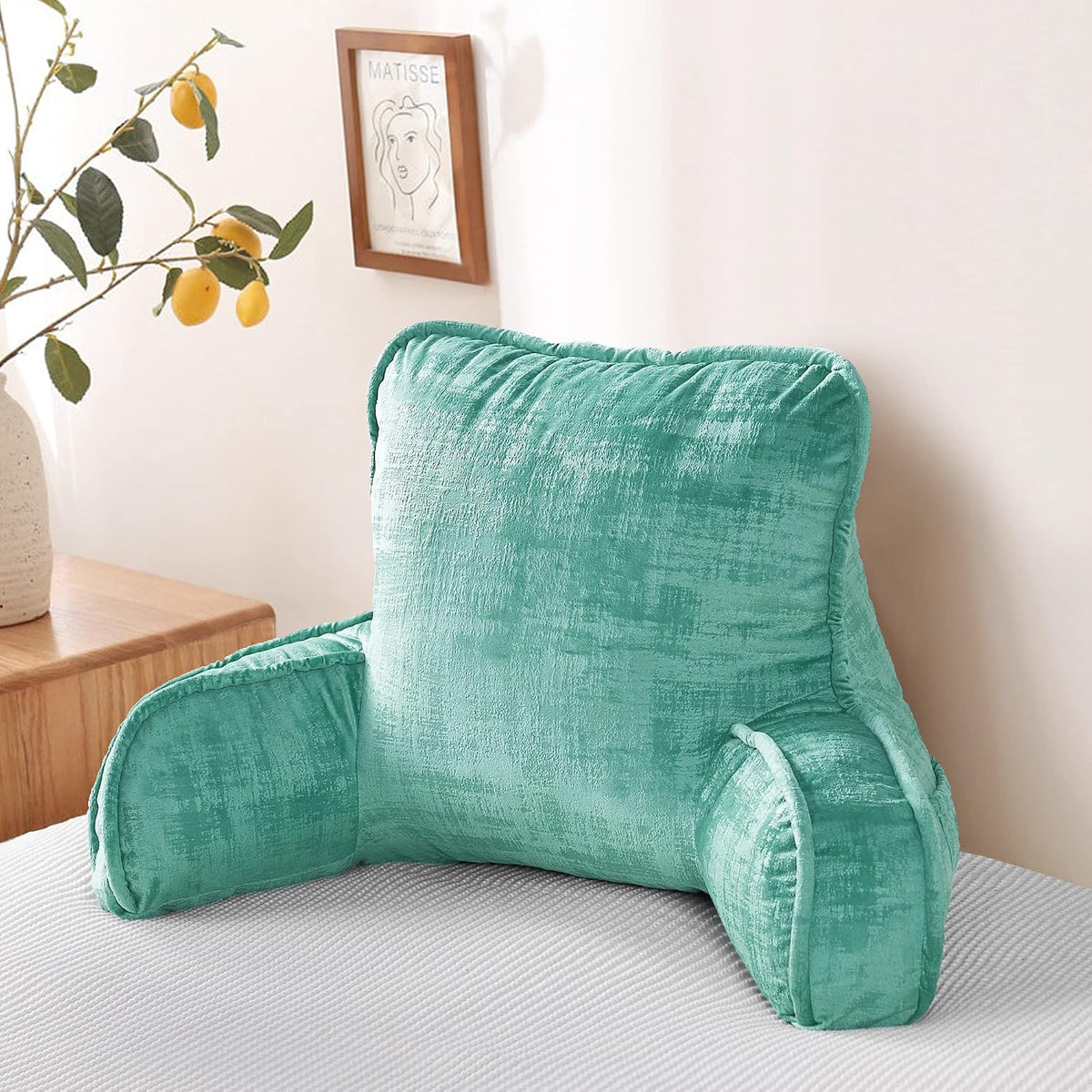 DIY Assembly Art Velvet Backrest Reading Bed Rest Pillow with Arms & Pockets, 18" H for Sitting in Bed Couch Sofa, Back Support Cushion with Removable Cover, 20"x18"x17", Aqua