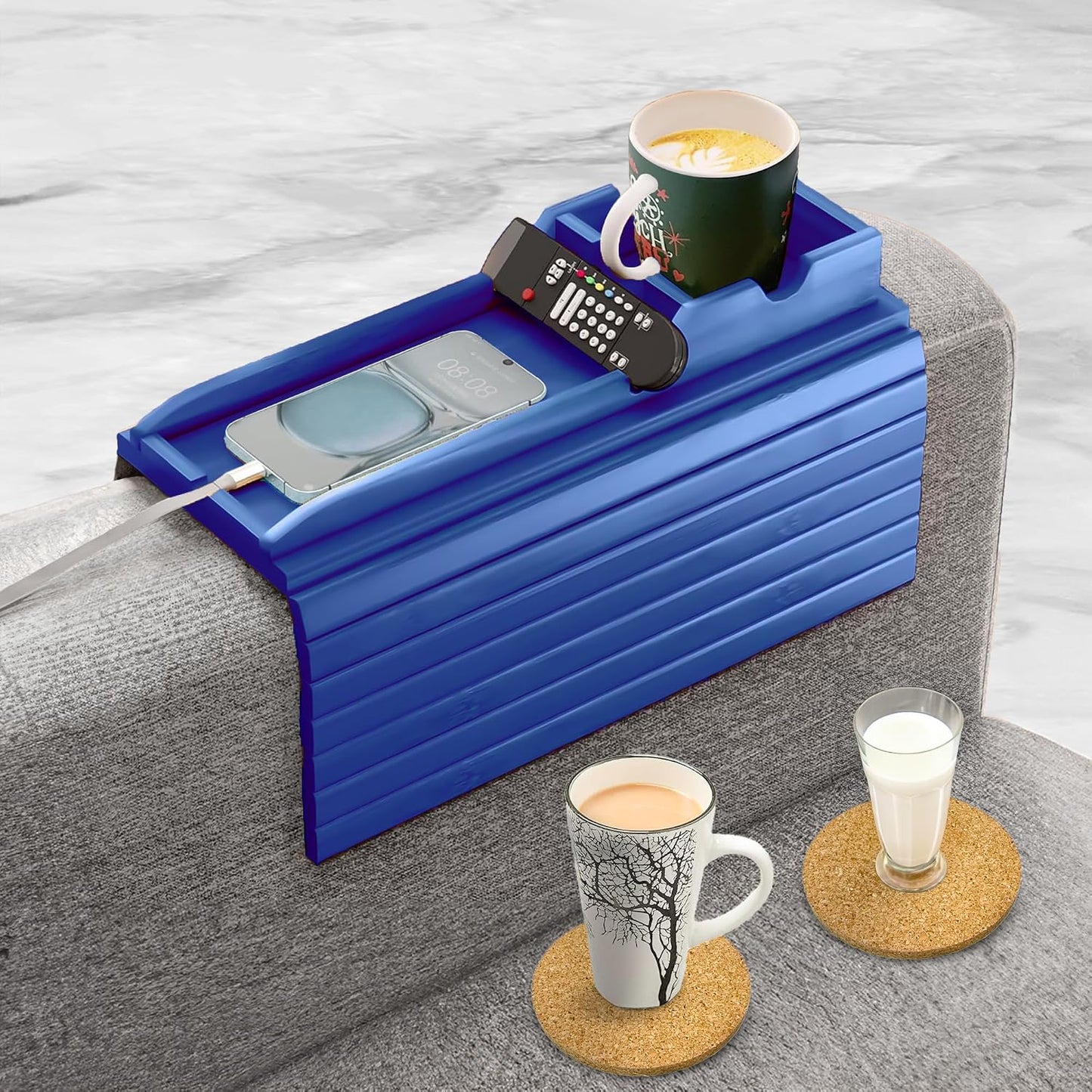 Bamboo Couch Cup Holder, 2 Cork Coasters, Anti-Slip Foldable Couch Arm Tray | 2 in 1 Foldable Sofa Arm Tray, Couch Armrest Table, Anti-Spill Couch Arm Table for Drinks TV Remote Cellphone Snacks