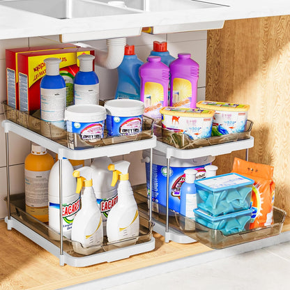 Delamu 2-Tier Multi-Purpose Bathroom Under Sink Organizers and Storage, Stackable Kitchen Pantry Organization, Pull Out Medicine Cabinet Organizer with Movable Dividers, White, 2 Pack