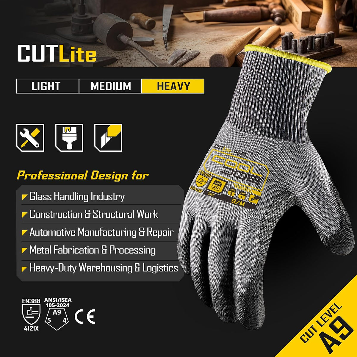 COOLJOB 12/120 Pairs Cut Resistant Work Gloves PU Coating, ANSI A2 A4 A6 A9