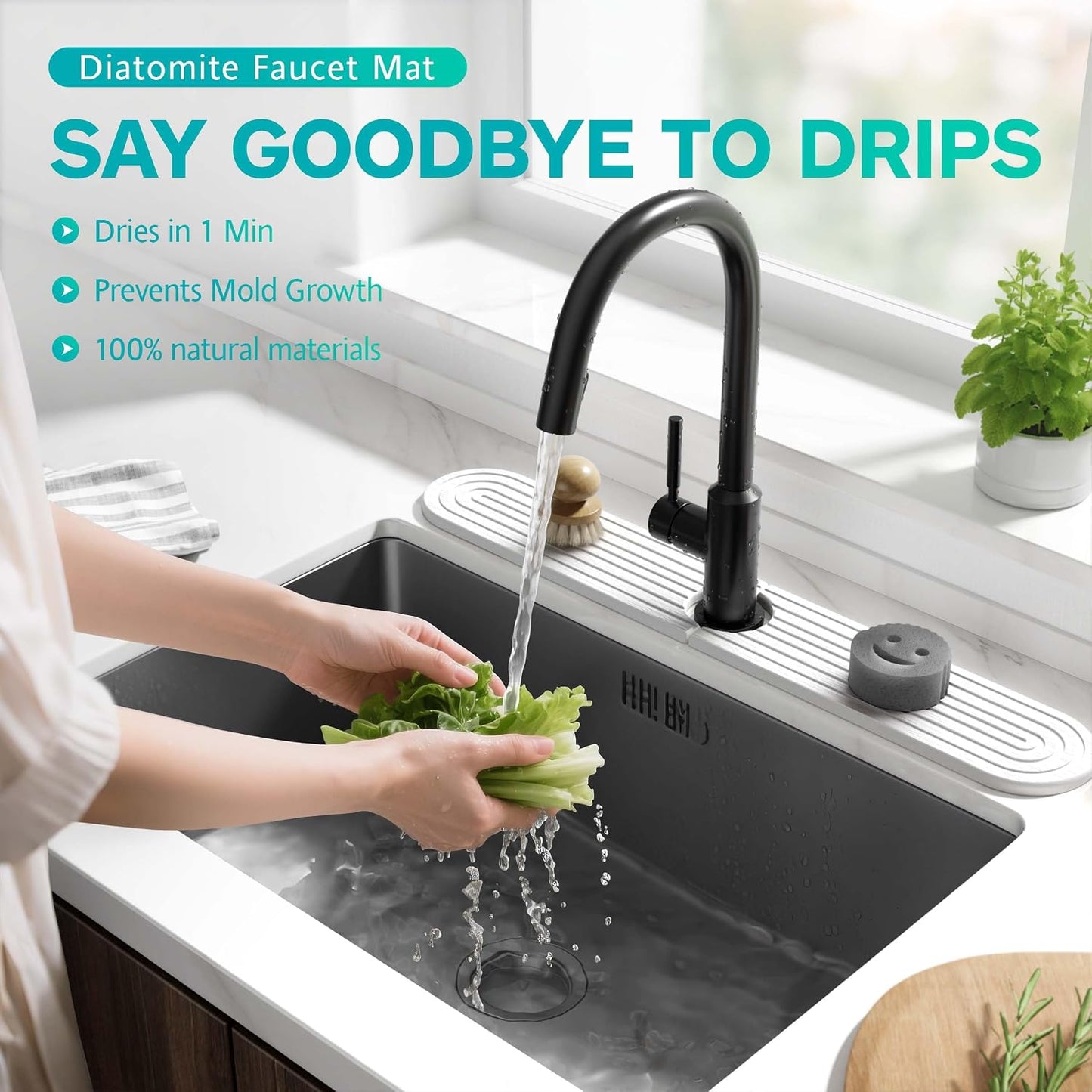 Stone Faucet Mat for Kitchen Sink – Diatomite Fast-Drying Stone Tray, Faucet Mat Sink Splash Guard, Decorative Sink Protector for Kitchen Bathroom Counter (Light Grey, 20''x3.9'')