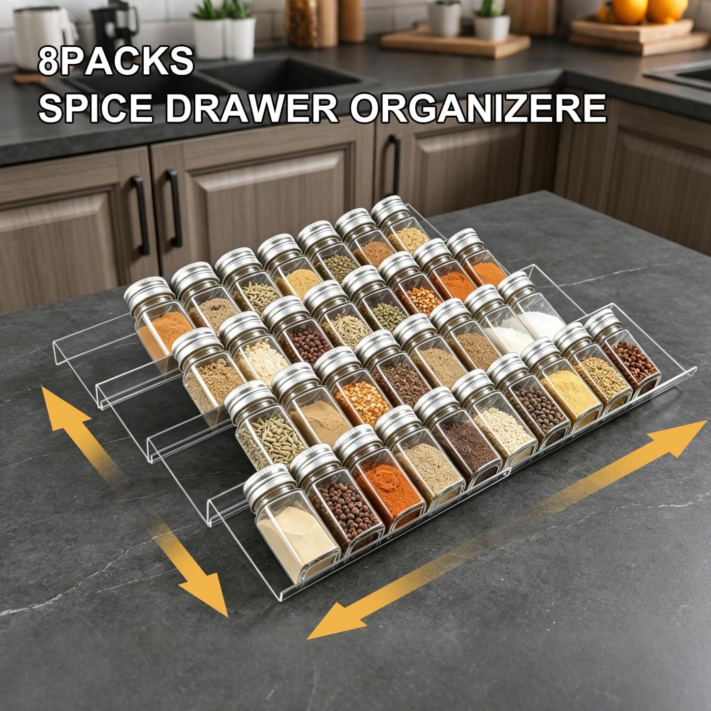 Expandable Acrylic Spice Drawer Organizer – 4-Tier Clear Seasoning Rack Insert for Kitchen Drawers, Adjustable from 9" to 18", Fits Most Spice Jars (Jars Not Included) 8-Pack