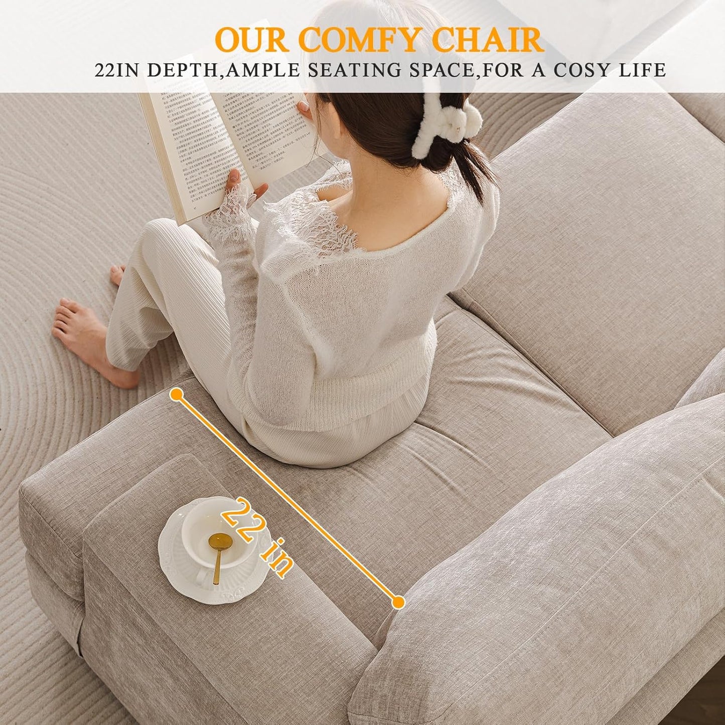 85'' L Shaped Couch with Armrest Organizer,Sectional,Movable Ottoman,Khaki | Comfy Sectional Sofa with Thick Cushion,3 Seats Sofas,Sectional Couches for Living Room,Bedroom,Apartment,Chenille