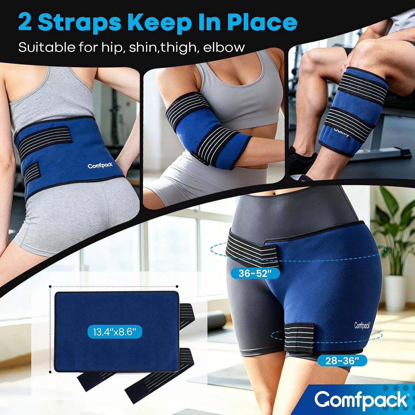 Comfpack Ice Packs for Injuries Reusable with Elastic Strap, 60-Minute Long Lasting Cold Therapy with Ice Grid Gel Design, Flexible Reusable Ice Pack Wrap for Knee, Hip, Shoulder, Neck, 13.4 × 8.6"
