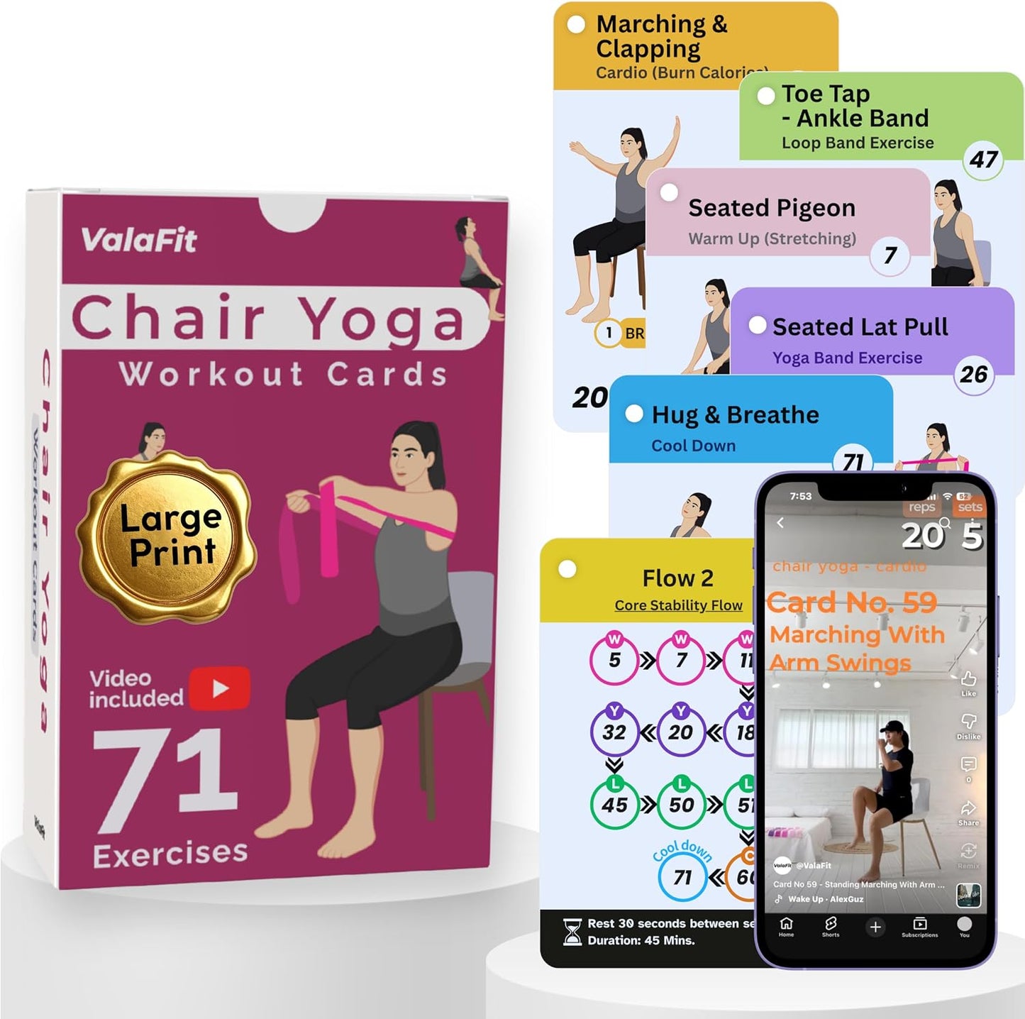 [All-in-One Kit] Chair Yoga for Seniors Over 60 | Cards + Bands + QR Videos | 71 Large Print Durable Cards • 6 Guided Flows • Build Mobility, Balance, Strength & Cardio • Gift for Parents & Grandparents