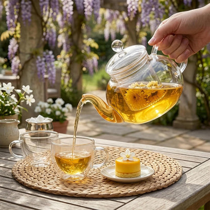 1000ml(33.8oz) Borosilicate Glass Teapot with Removable Glass Infuser, Stovetop Safe Large Tea Kettle for Blooming Tea & Loose Leaf Tea