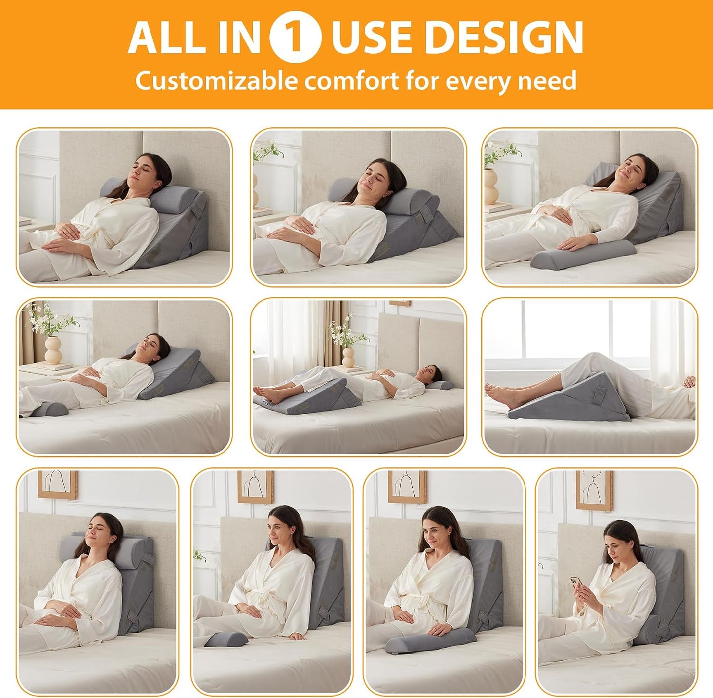 Ruqmuis Wedge Pillow Set for After Surgery, 3PCS Adjustable 9&12 Inch Bed Wedge Pillow for Sleeping, Incline Pillow Wedge for Headboard, Post Surgery, Acid Reflux, Neck&Back Support, White/Grey
