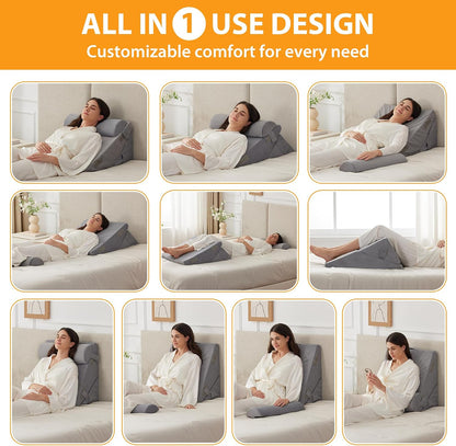 Ruqmuis Wedge Pillow Set for After Surgery, 3PCS Adjustable 9&12 Inch Bed Wedge Pillow for Sleeping, Incline Pillow Wedge for Headboard, Post Surgery, Acid Reflux, Neck&Back Support, White/Grey