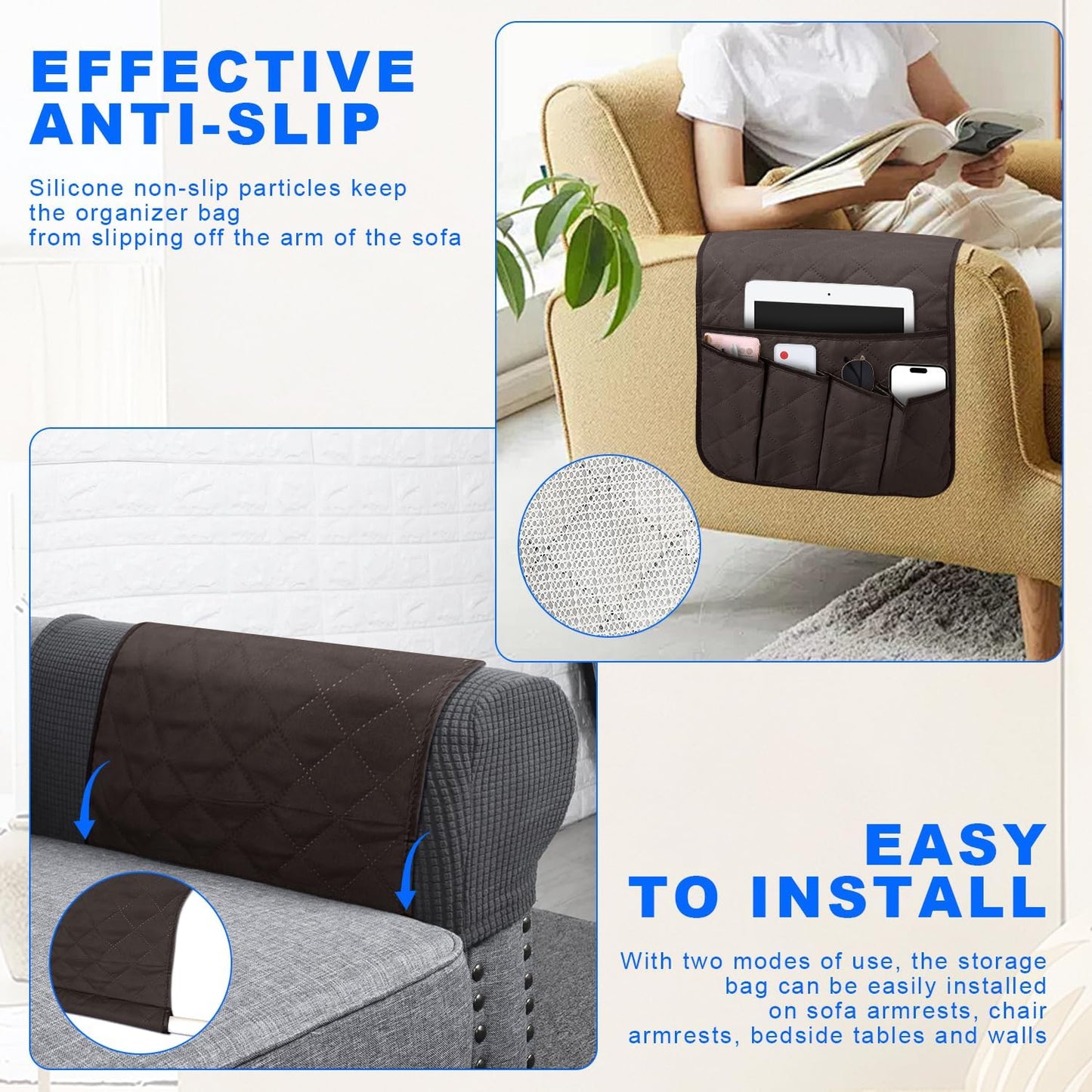 Grekos Sofa Armrest Organizer Remote Holder Bedside Caddy Organizer with 6 pockets, Chair Arm Holder Non-Slip Remote Control Holders Caddy for Magazine Tablet Phone Book