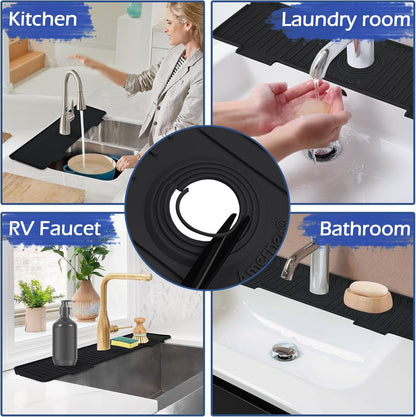 Kitchen Sink Splash Guard, 20IN Longer Silicone Faucet Guard & Draining Mat, Bathroom and Kitchen Sink Organizer, Sink Faucet Mat Water Splash Guard Behind Faucet Accessories Gadget, 20” x 5.5”, White