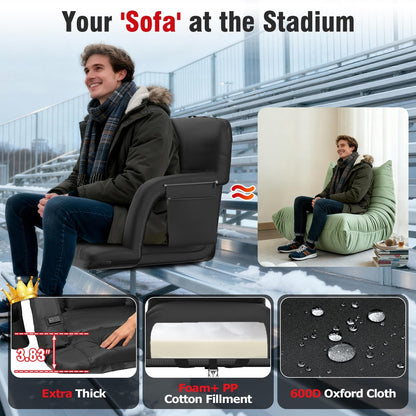 Suteck Heated Stadium Seats with Back Support 1 Pack, 23" Wide Sofa Style | Dual-Zone USB Heat, 6 Recliner, 3.83" Soft Cushion, 600D Waterproof, Hook Straps, Storage Pockets & Cup Holder, Half Fold