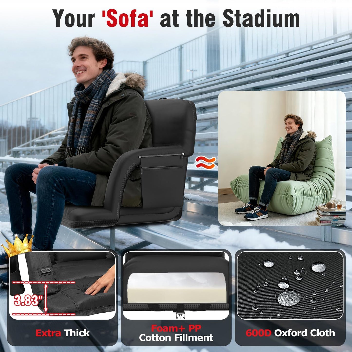 Suteck Heated Stadium Seats with Back Support 1 Pack, 25" Wide Sofa Style | Dual-Zone USB Heat, 6 Recliner, 3.83" Soft Cushion, 600D Waterproof, Hook Straps, Storage Pockets & Cup Holder, Half Fold