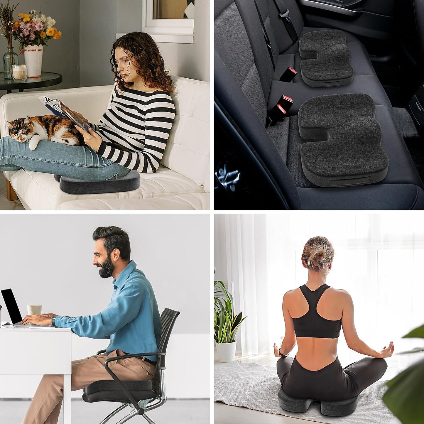 Seat Cushion for Office Chair, Ergonomic Memory Foam Seat Cushion for Long Sitting and Driving, Tailbone Relief Cushion for Office Chairs and Car Seats, Non-Slip Bottom, Washable Cover, Black
