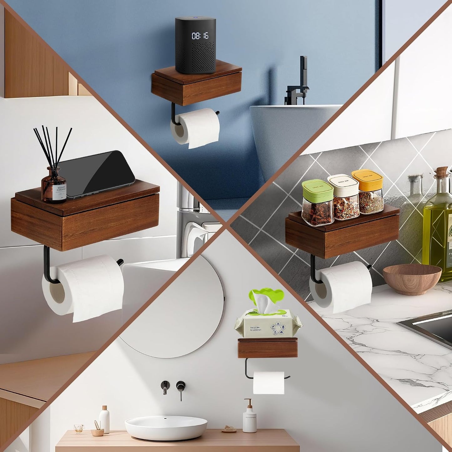 Toilet Paper Holder Walnut Wood Shelf - Wall Mount & Self-Adhesive | Bathroom Tissue Holder, Black Stainless Steel with Walnut Shelf for Phone - Home Apartment Restroom Decor Essentials