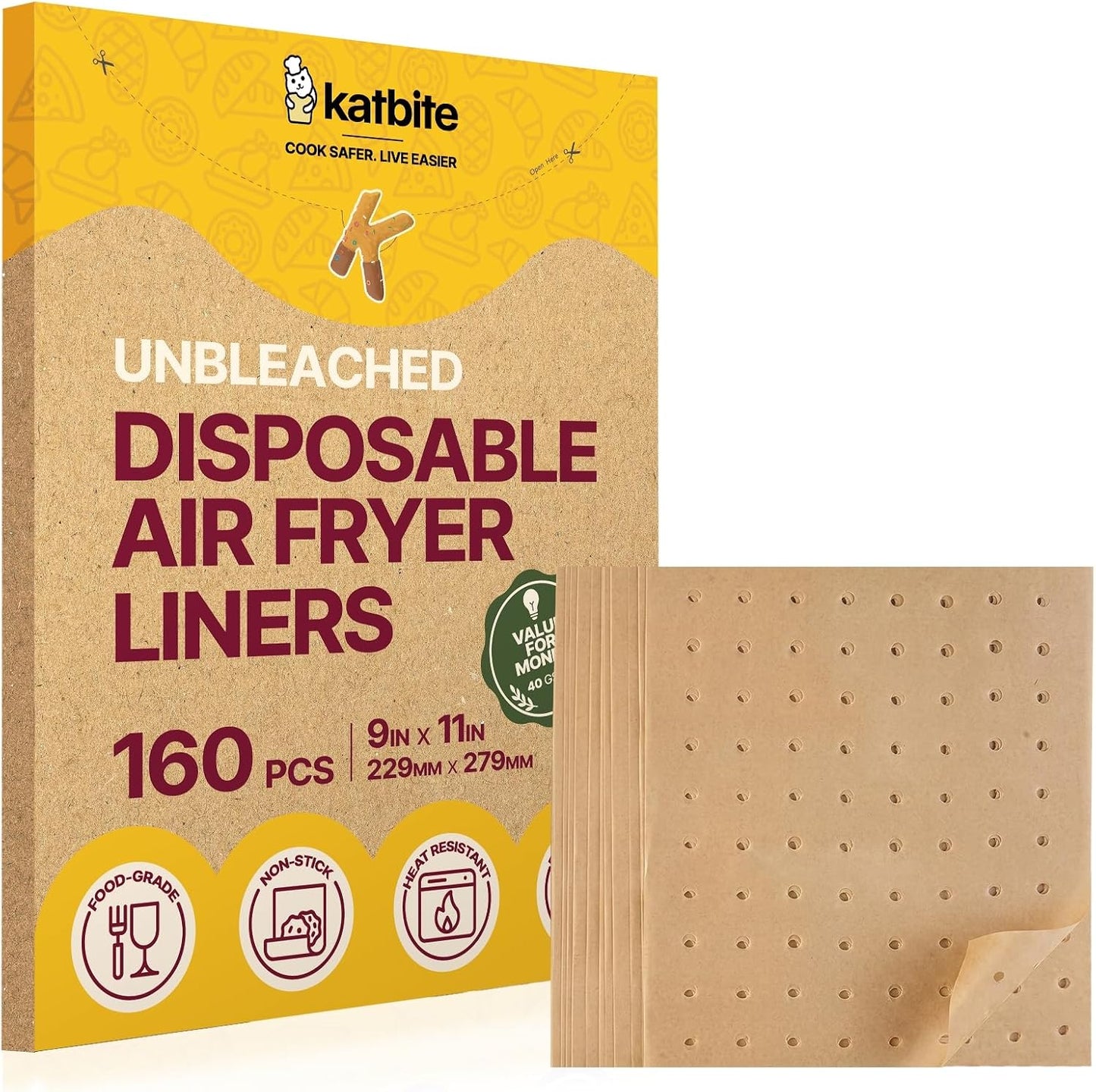 Katbite 160pcs Air Fryer Parchment Paper Liners, Perforated 9x11 Inch | Disposable air fryer paper liners, nonstick perforated for airflow, fit air fryer/toaster oven, Cuisinart & Ninja Foodi