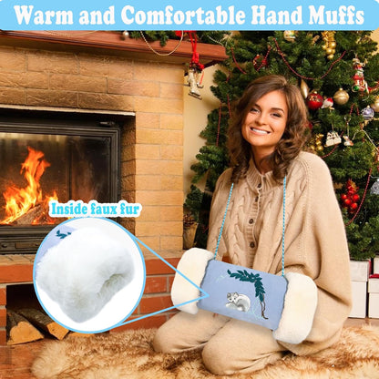 Faux Fur Hand Muffs, Portable Hand Warmer Pouch with Zipped Pocket Strap for Cold Weather, Cute Blue Embroidery Pattern Hand Muffler for Women Girls