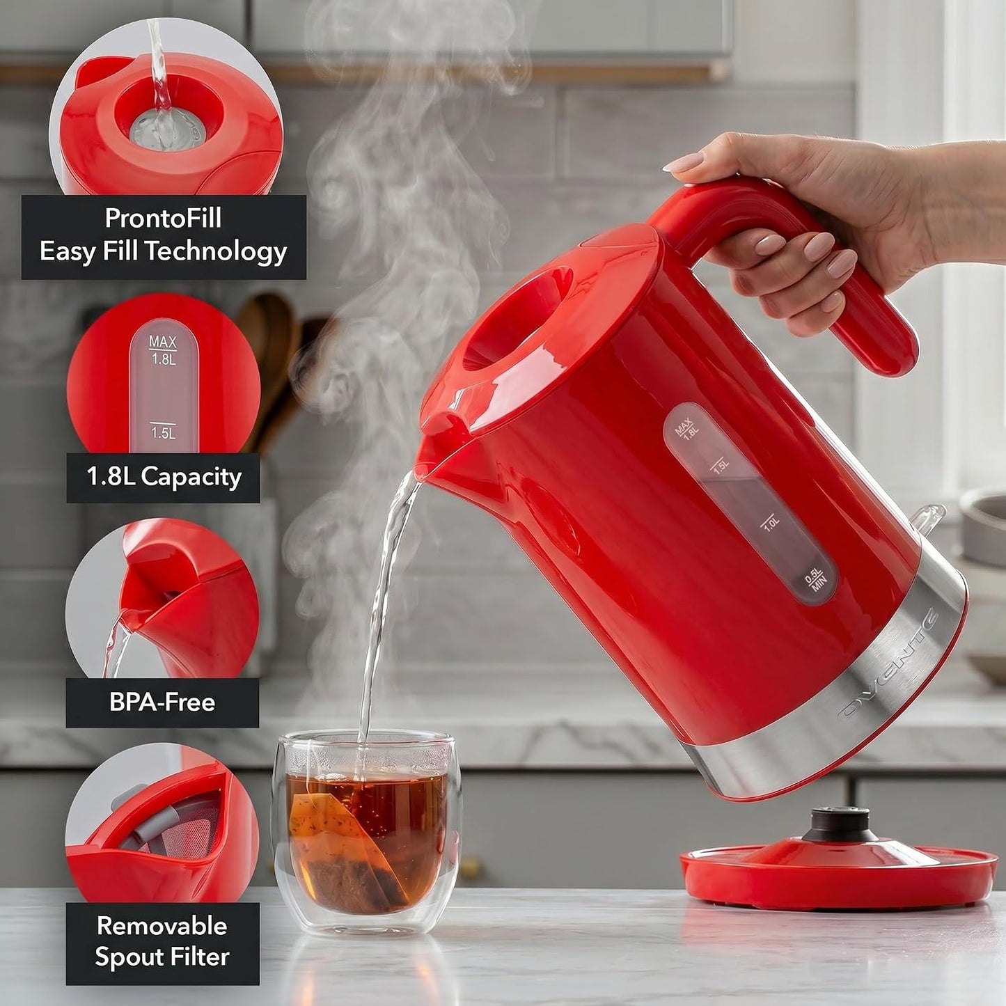 OVENTE 1.8L Electric Kettle with 1500W Fast Boiling Heater, Black KP413B | Best For Coffee or Tea, BPA-Free, Easy-Fill Lid, Water Level Window, Auto Shut-Off & Boil-Dry Protection, Removable Filter
