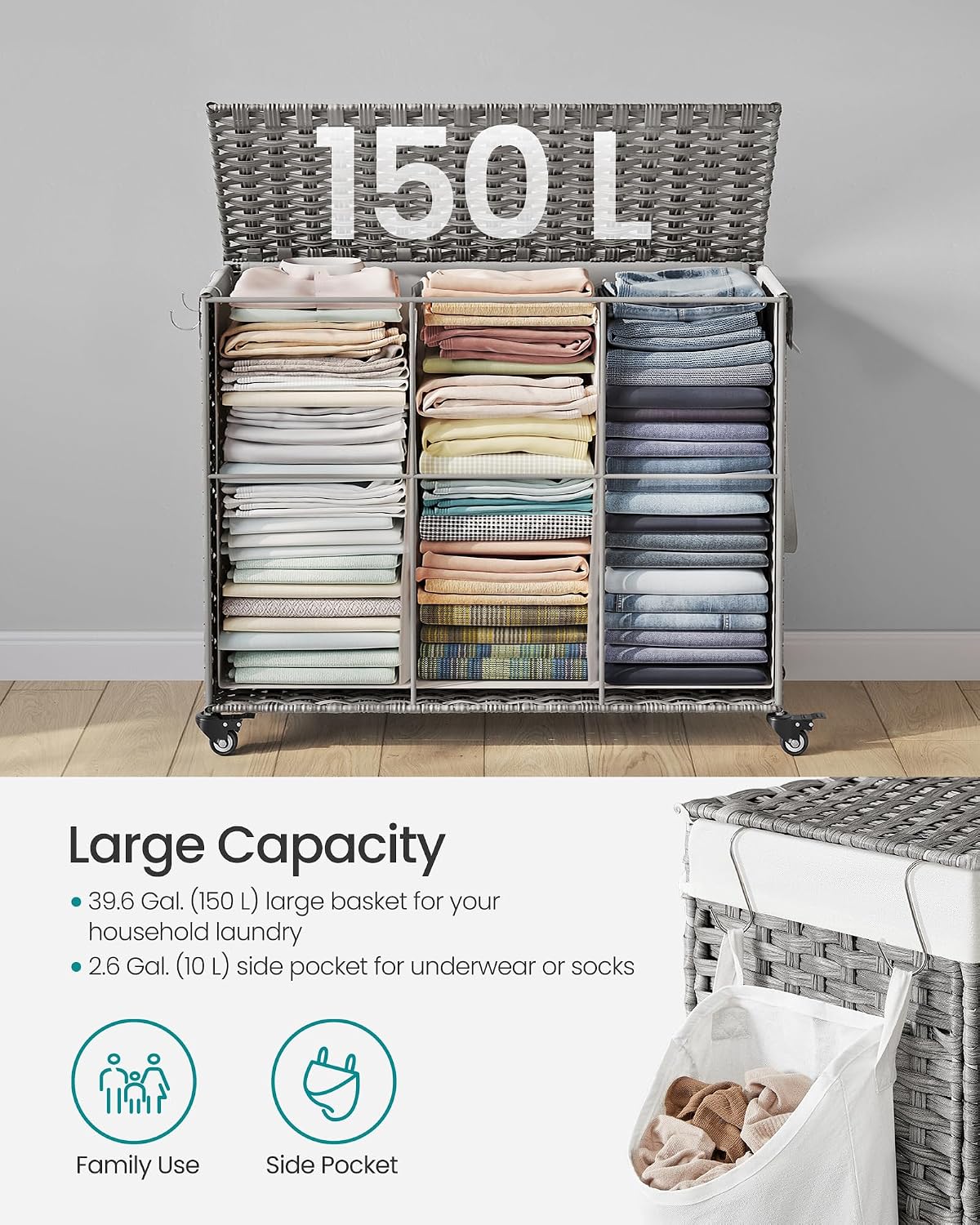 SONGMICS Laundry Hamper with Lid, 42.3 Gallons (160 L), Rolling Laundry Basket with Wheels, 3-Section Synthetic Rattan, Removable Liner, Bedroom, 29.9 x 13 x 26 Inches, Natural ULCB365N01