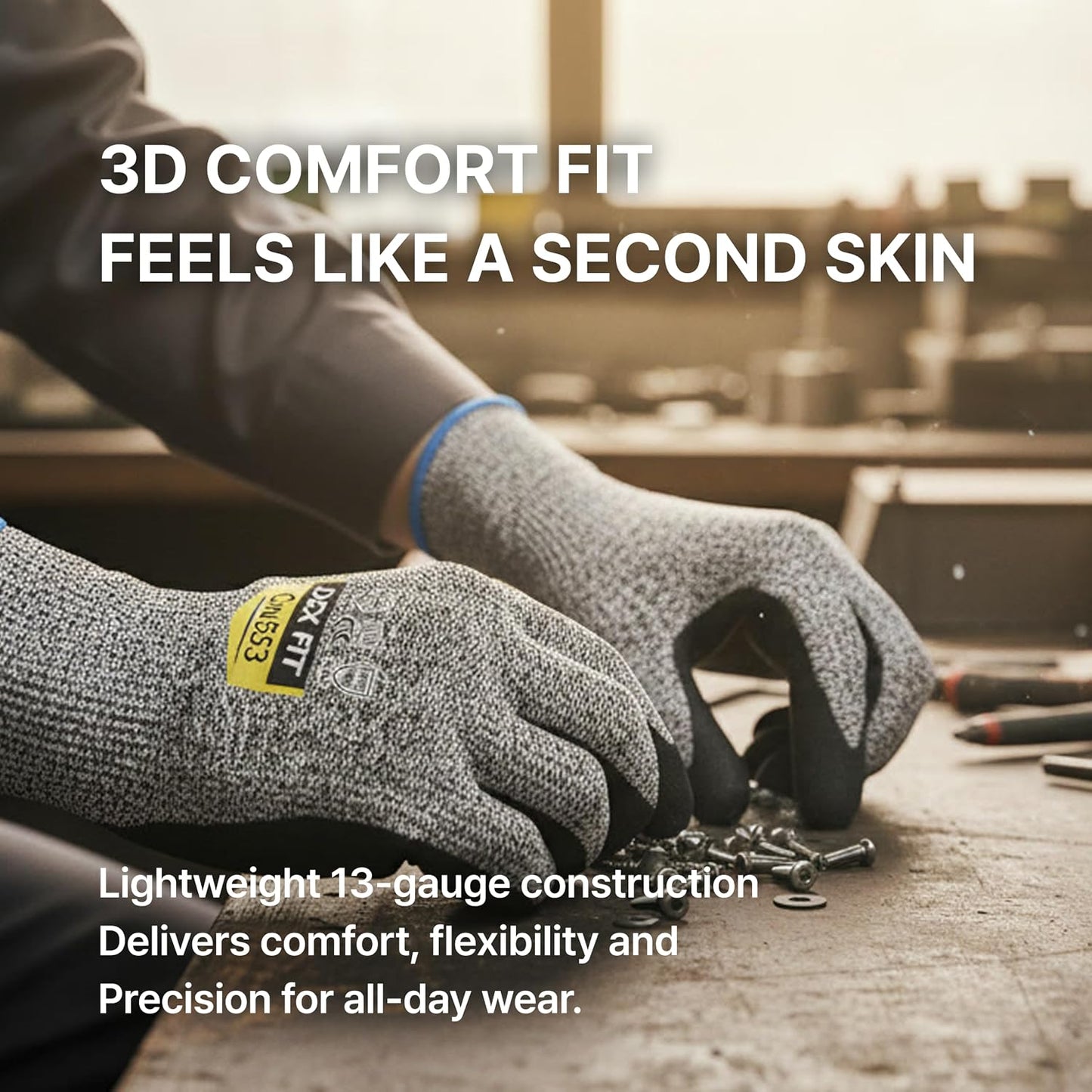 DEX FIT Level 5 Cut Resistant Gloves Cru553, 3D-Comfort Fit, Firm Grip, Thin & Lightweight, Touch-Screen Compatible, Durable, Breathable & Cool, Machine Washable; Grey L (9) 1 Pair