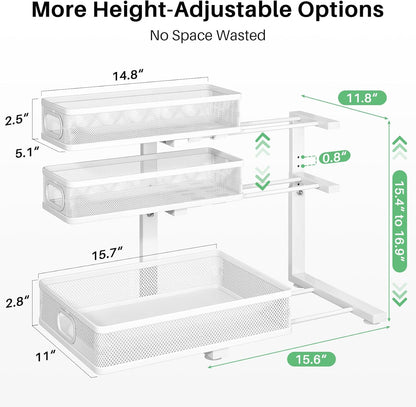 Kitstorack Under Sink Organizer, 2-Pack 3-Tier Height Adjustable Thickened Metal Pull out Cabinet Organizer Shelf, Slide out Storage Drawer Rack for Bathroom Kitchen Pantry Home Laundry Organization